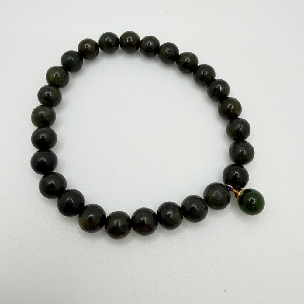 NWOT All 7mm of NEPHRITE‎ JADE, dark green beaded stretch bracelet!